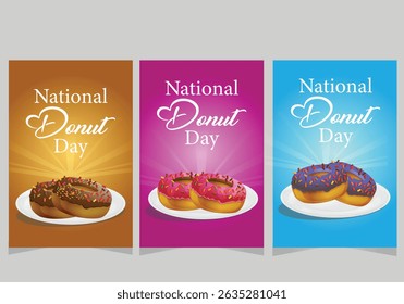Donuts with icing and colorful sprinkles on light backgrounds. National donut day vector illustration poster set.
