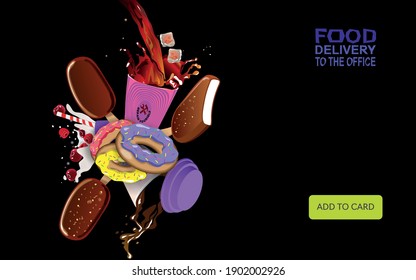 Donuts with icing ice cream with nuts coffee and milkshake. Vector banner