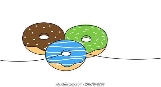 Donuts with icing one line colored continuous drawing. Bakery sweet pastry food. Vector linear illustration