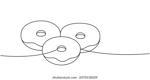 Donuts with icing one line continuous drawing. Bakery sweet pastry food. Vector linear illustration