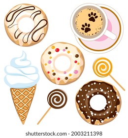 Donuts with icing, sprinkles, black and white chocolate, cup of coffee, ice cream and lollipop. Set of different doughnut. Cartoon style. Vector illustration.