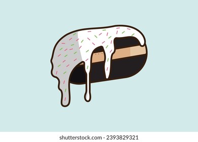 Nimmt mit Icing Sticker Vektorgrafik. Konzept für Lebensmittelobjekte Farbige, glänzende Donuts mit Glaze und Pulveraufkleber, Vektordesign mit Schatten.
