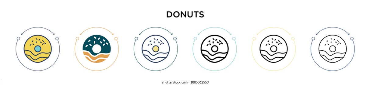 Donuts Symbol in vollem, dünnen Linie, Umriss und Strich Stil. Vektorgrafik zweier farbiger und schwarzer Donuts Vektorsymbole kann für mobile, i, web-basierte