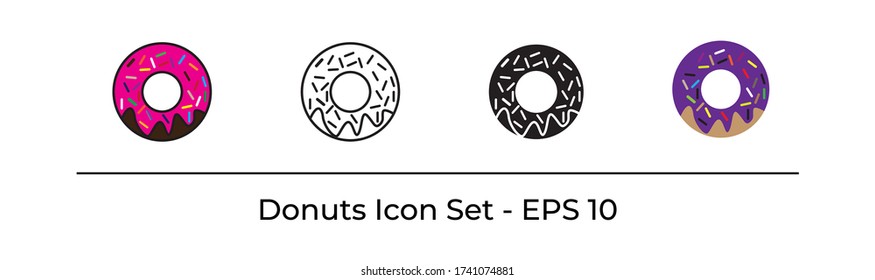 Donuts Icon Set. Consists of four types of icon design, flat, line filled, glyph, line. Design in trendy Isolated on white background. Vector Illustration