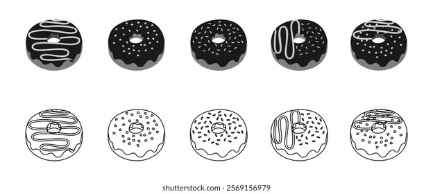 donuts icon set with various toppings, vector illustration isolated on white background.