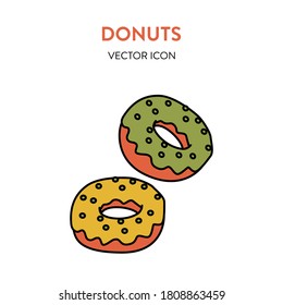 Donuts icon. Vector colorful illustration of two round with icing and sprinkling. Donut vector icon
