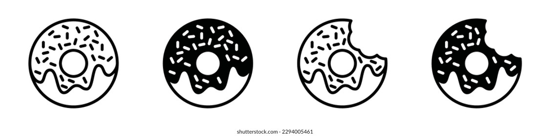 Donuts icon vector. Donut icons in line and flat style. Bitten donut, bakery, desserts, sweet donut with sprinkles sign and symbol. Bakery sign and symbol. Vector illustration
