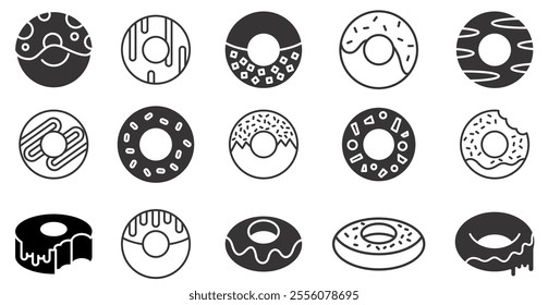 Donuts icon vector. Donut icons in line and flat style. Bitten donut, bakery, desserts, sweet donut with sprinkles sign and symbol. Bakery sign and symbol