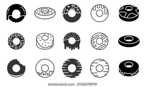 Donuts icon vector. Donut icons in line and flat style. Bitten donut, bakery, desserts, sweet donut with sprinkles sign and symbol. Bakery sign and symbol