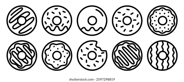 Donuts icon vector. Donut icons in line and flat style. Bitten donut, bakery, desserts, sweet donut with sprinkles sign and symbol. Bakery sign and symbol. Vector illustration