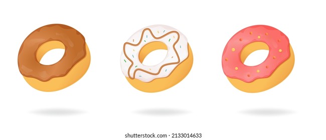 Donuts illustration set. Different types: chocolate, icing, fruit. Stock vector illustration. Isolated white background.