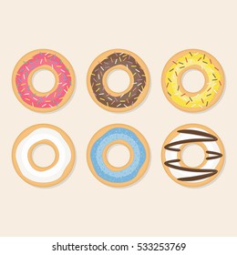 Donuts into the glaze set. Donut vector set in a modern flat style. Doughnut collection with sprinkles isolated on a light background. 