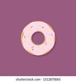 Donuts isolated on a dark background. Cute, colorful and glossy donuts with pink glaze and multicolored powder. Simple modern design. Realistic vector illustration.