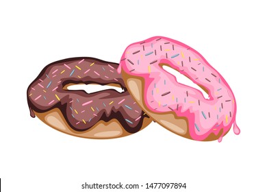 Donuts isolated on a White Background. Cute, Colorful and Glossy donuts with Pink and Brown Glaze and Multicolored Powder Cartoon Illustration