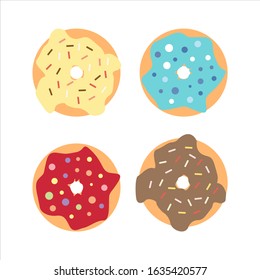 Donuts isolated on white background. Flat simple design. Yellow donut, blue donut, pink donut and chocolate donut. Vector stock illustration. 
