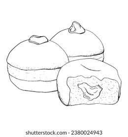 Donuts for Jewish Hanukkah holiday black and white vector illustration. Hand drawn sufganiyot doughnuts with strawberry jam and jelly