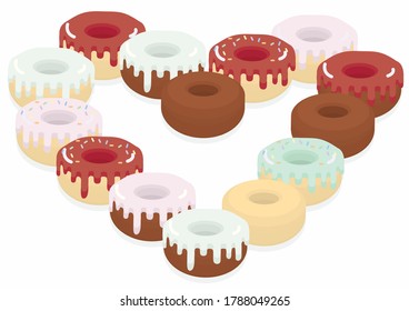 Donuts laid out in the shape of a sweet heart. Valentine's Day.