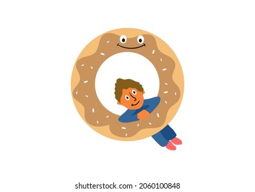 
donuts with large sizes eaten by small children, vector illustration