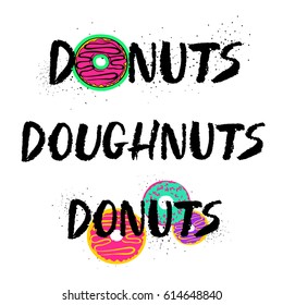 Donuts lettering isolated on a white background. Hand drawn brush ink lettering set. 