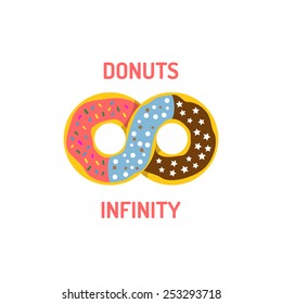 Donuts logo template. Infinity sign from three different donuts together. Pink, blue and brown colors.