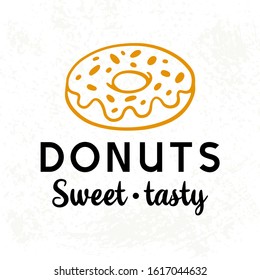 Donuts logotype badge label with hand drawn doodle element. Elegant logo emblem, vintage retro style small business sign