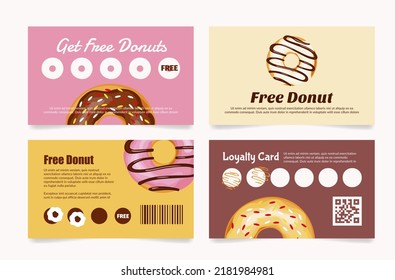 Donuts loyalty card set voucher sticker collect for free sale discount promo vector illustration. Doughnut sweet delicious menu icing bun glazed sugar ring candy cafe business marketing strategy flyer