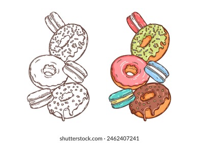 Donuts and macaron dessert with cream vector coloring page for coloring book. Bake sweet dessert product. 