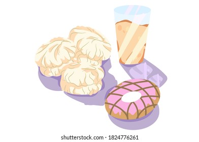 Donuts, marshmallows and a glass of sparkling water.
