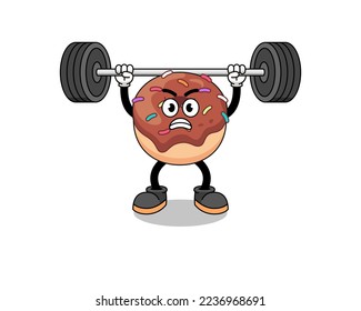 donuts mascot cartoon lifting a barbell , character design