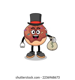 donuts mascot illustration rich man holding a money sack , character design