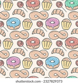 Donuts, muffins y bollos son un patrón sin fisuras. Dulce fondo retro de comida callejera. Impresión de productos de harina para envasado, confitería, diseño de cafés y productos, ilustración vectorial