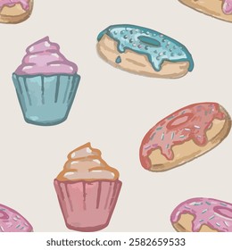 Donuts and muffins seamless pattern. Vector, isolated, hand draw. Cartoon style, pencil texture, pastel light colors.