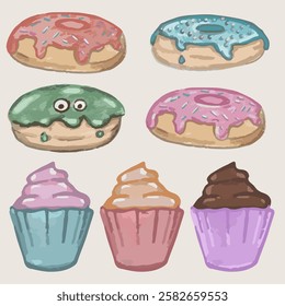 Donuts and muffins. Vector, isolated, hand draw. Cartoon style, pencil texture.