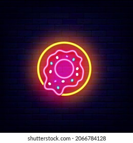 Donuts neon icon. Shiny emblem for bakery. Sweet bar. Night bright signboard. Outer glowing effect banner. Editable stroke. Isolated vector stock illustration