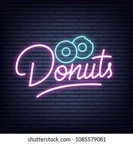 Donuts. Donuts neon sign. Neon glowing signboard banner design