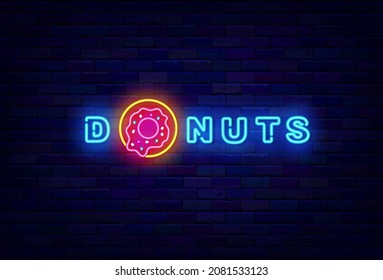 Donuts neon signboard. Shiny emblem for bakery. Sweet bar. Night bright logo. Outer glowing effect banner. Editable stroke. Isolated vector stock illustration