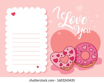 Donuts and note design of happy valentines day love passion romantic wedding decoration and marriage theme Vector illustration