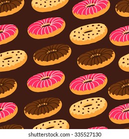 Donuts on brown background, seamless pattern