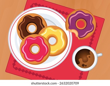 Donuts on a plate and a cup of coffee top view vector illustration. Colorful doughnuts and coffee cup on a wooden table above view vector. Sweet snack on the table drawing