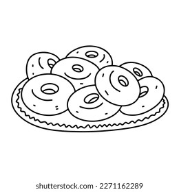 Donuts en plato en forma de doodle dibujado a mano. Ilustración vectorial aislada en fondo blanco.