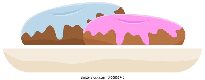 Donuts on plate isolated on white background. Cute, colorful and glossy donuts pink and blue glaze and multicolored powder. Flat modern design. Glazed doughnut for cake cafe decoration or menu design