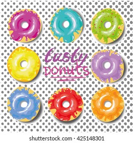 Donuts on pop art dot background. Stock vector illustration