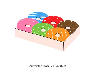 Donuts in open box. Bakery sweet pastry food. Vector illustration.