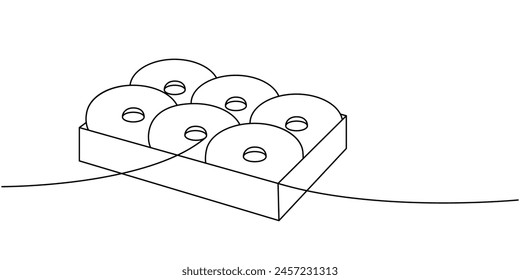 Donuts en el cuadro abierto una línea de dibujo continuo. Panadería dulce pastelería. Ilustración lineal de Vector.