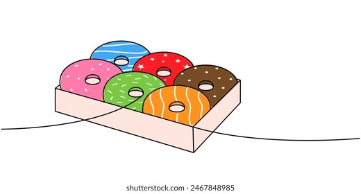 Donuts in open box one line colored continuous drawing. Bakery sweet pastry food. Vector linear illustration.