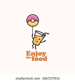 Donuts with orange juice in glass cup cute funny cartoon vector illustration. Enjoy the Food poster banner tee design concept.