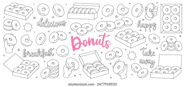 Donuts-Umriss festgelegt. Glasierte Donuts mit Streuseln. Bäckerei süße Gebäck Essen. Handgezeichnete Elemente für Süßwarenmenü, Bäckerei-Shop.