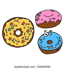Donuts, pastries, food. Graphic arts. Drawn in black marker on a white background. Color. Brown, yellow, pink, blue. Stars. Isolated. Line art.