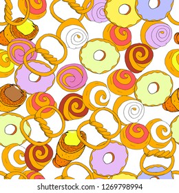 Donuts and pastry seamless vector flat pattern. Endless funny vector sweet illustration. 
