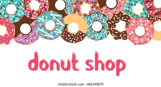 Donuts patisserie banner. Vector flat donuts isolated. Sweet donuts with frosting and caramel topping.